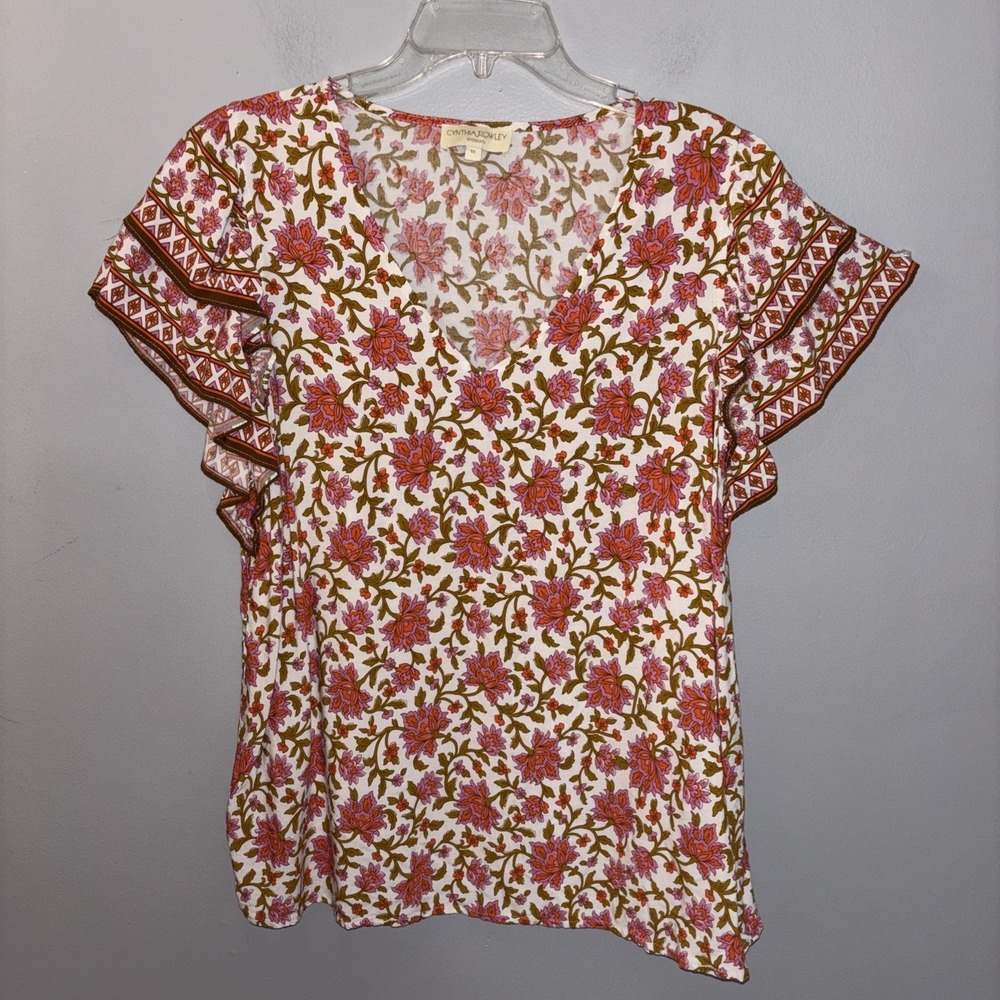Cynthia Rowley Floral Blouse Boho Peasant Lightweight Ruffle Short Sleeve Sz XL